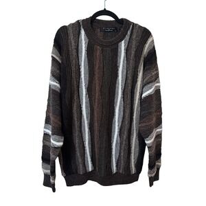 Vintage Protege Mens Brown Textured 3D Wavy Crew Neck Knit Sweater L USA